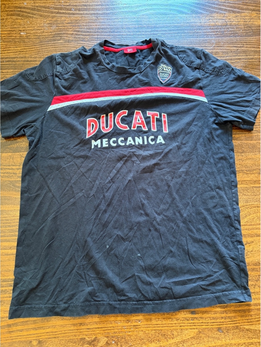 Ducati Meccanica Black T-Shirt with Red and White Stripe and Motorcycle Patch